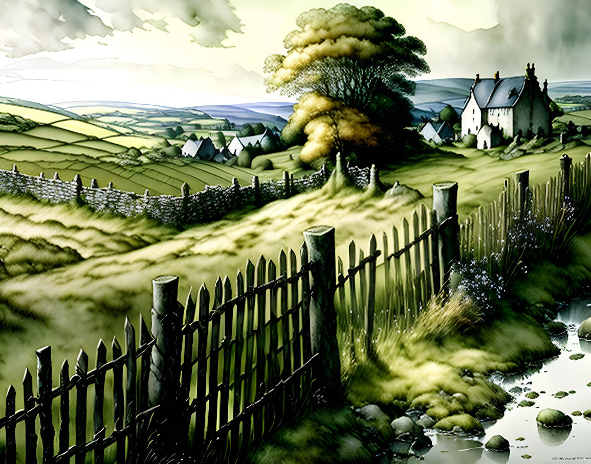 White house, wooden fence, green hills, tree, rocks under dramatic sky