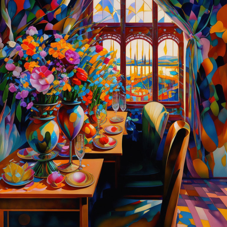 Colorful Room with Floral Bouquet, Fruits, and Patterns in Sunlit Space