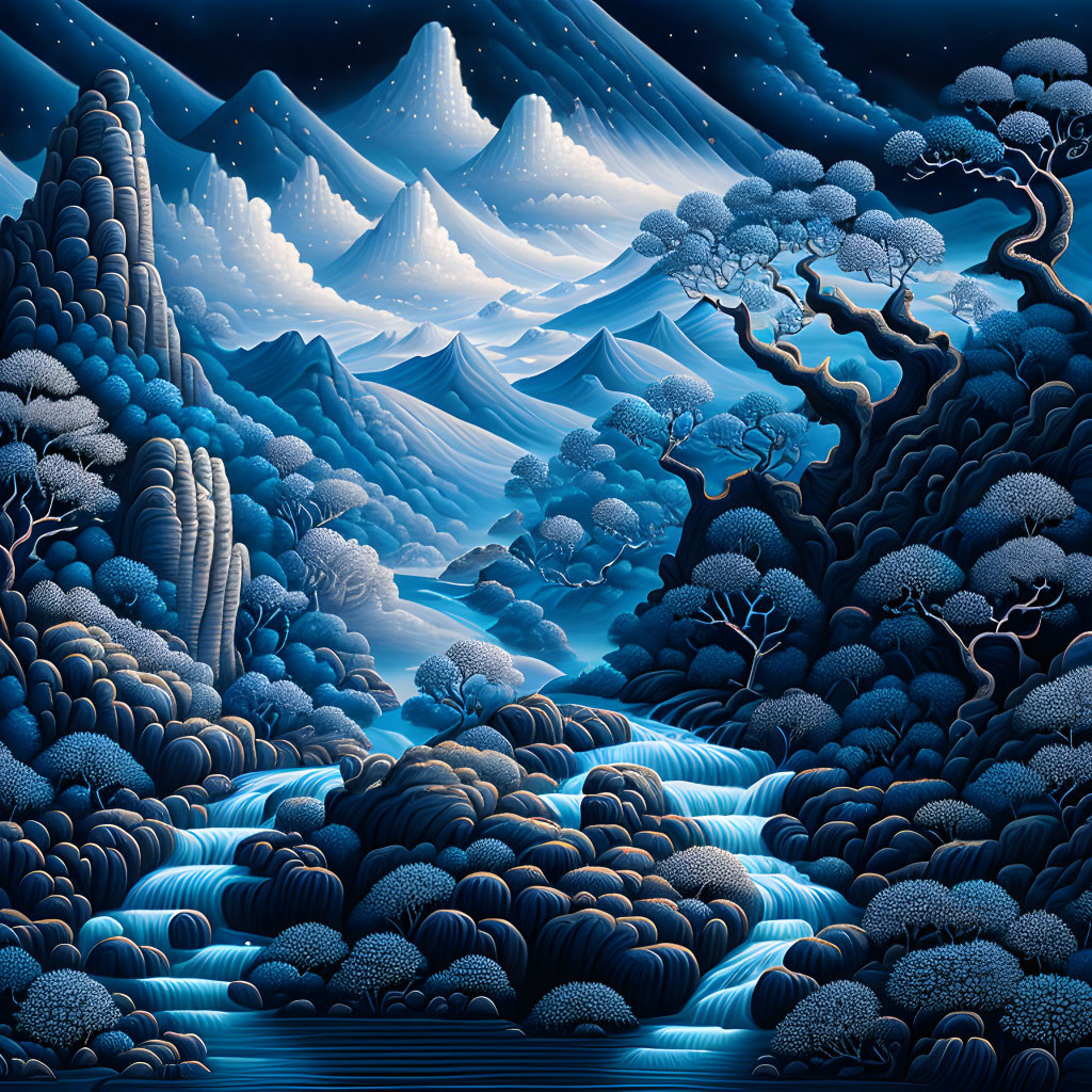 Surreal landscape with stylized trees, blue waterfalls, mountains