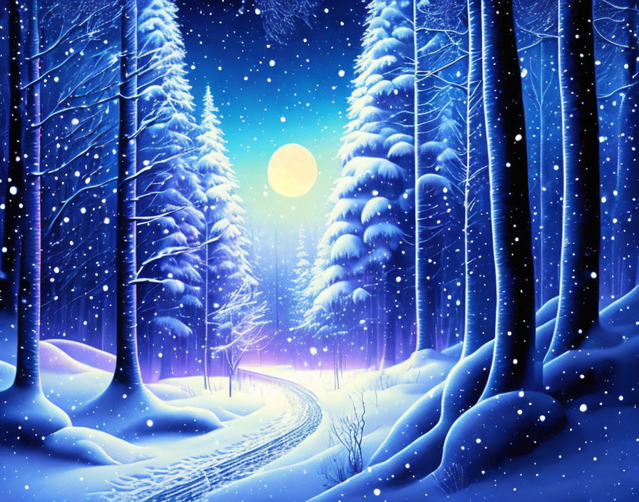 Snow-covered trees under bright full moon on serene winter night