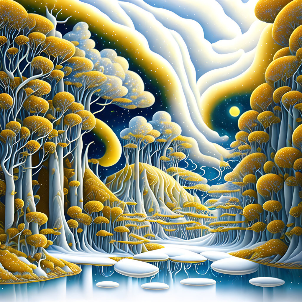 Surreal winter landscape with golden yellow trees and falling snowflakes