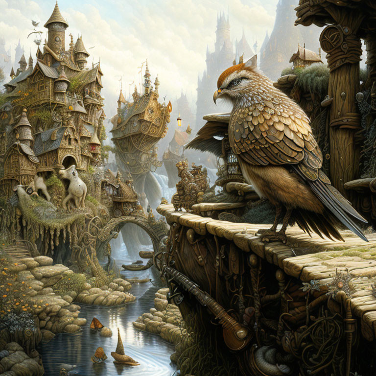 Enchanted woodland with ornate treehouses, large bird, and whimsical creatures