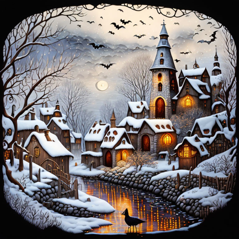 Winter night scene: snow-covered houses, lighthouse, full moon, bats, black cat