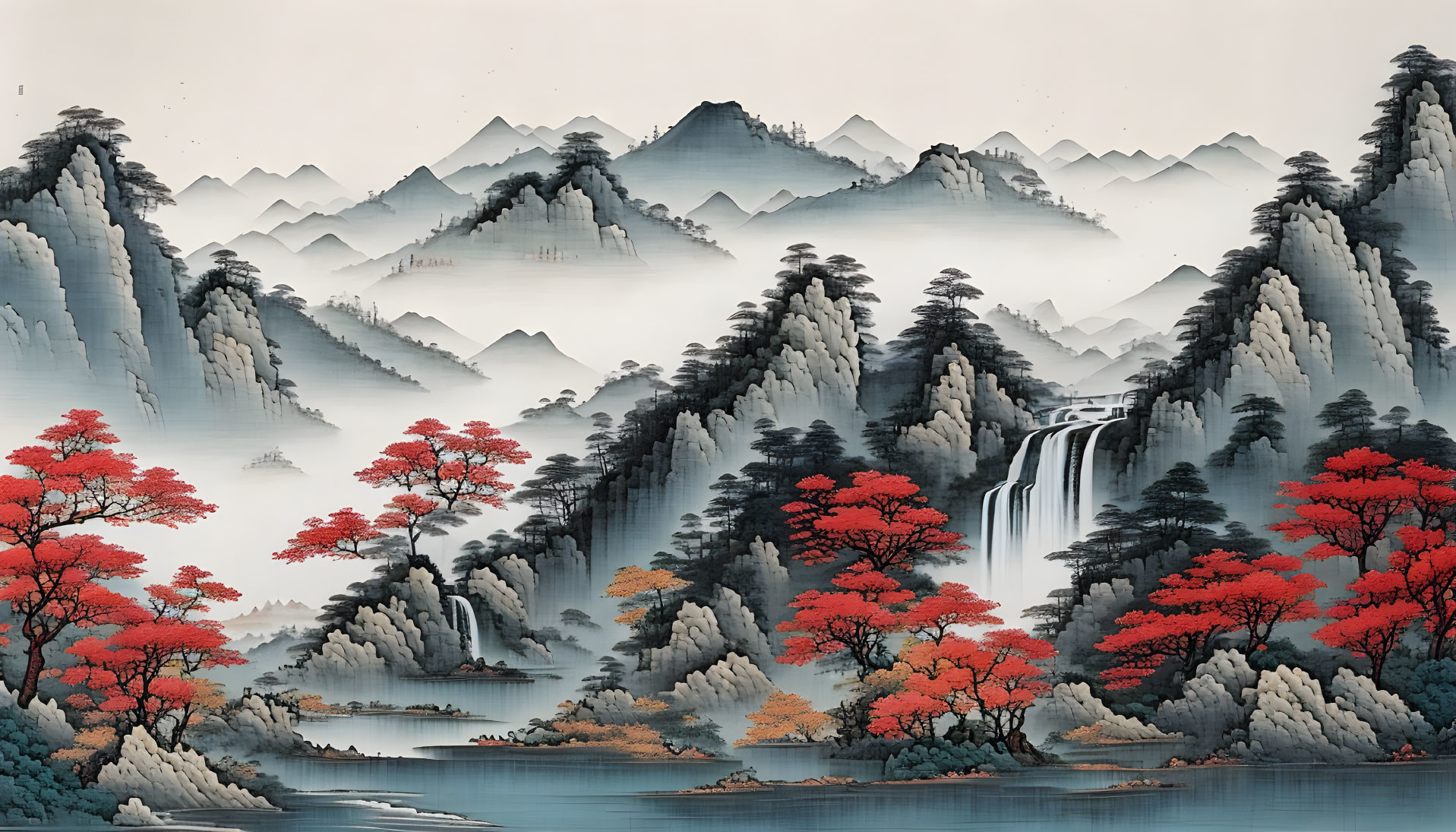 Asian Landscape Painting: Misty Mountains, Waterfall, Pine Trees, Red Foliage, Cal