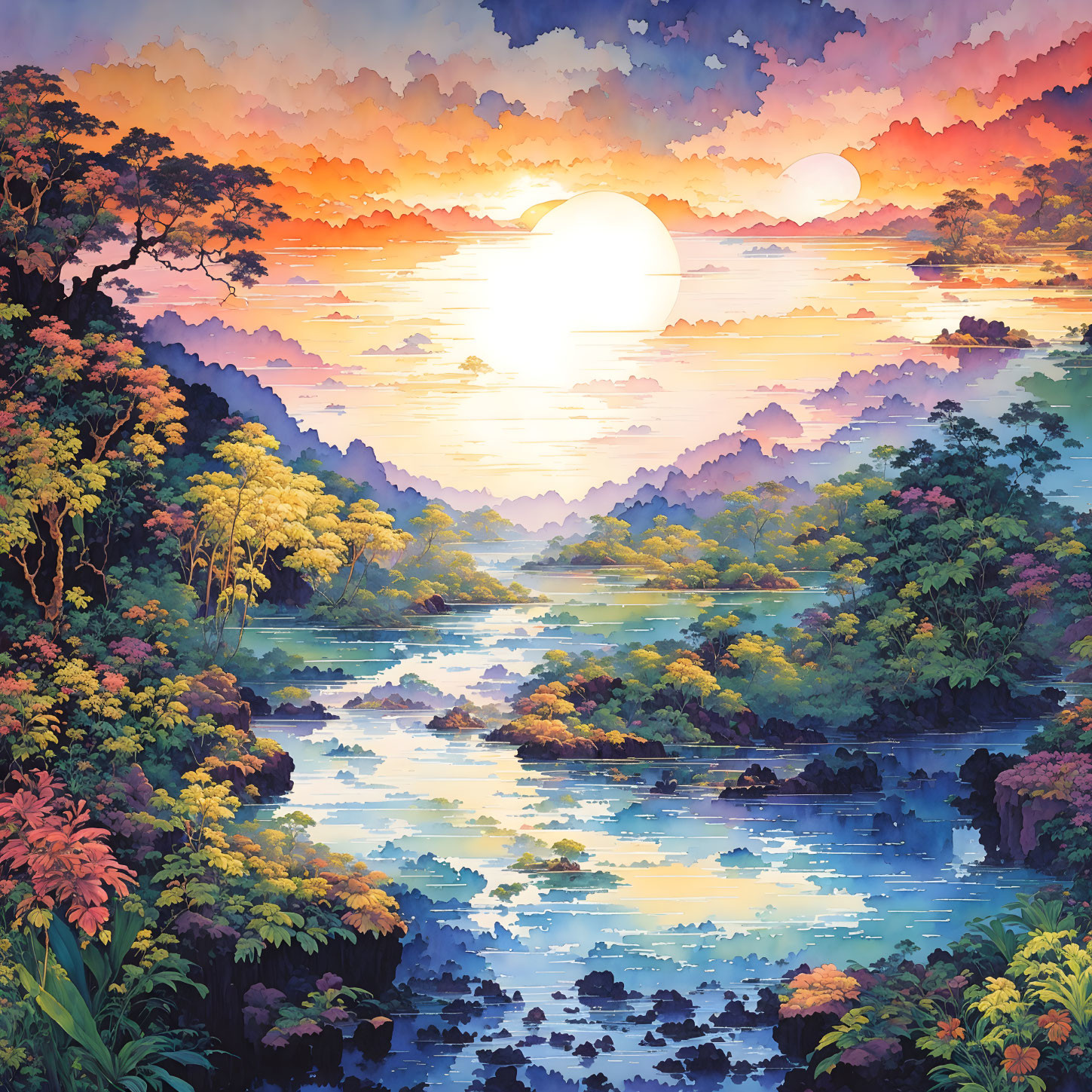 Dual suns sunset illustration over serene river with lush flora