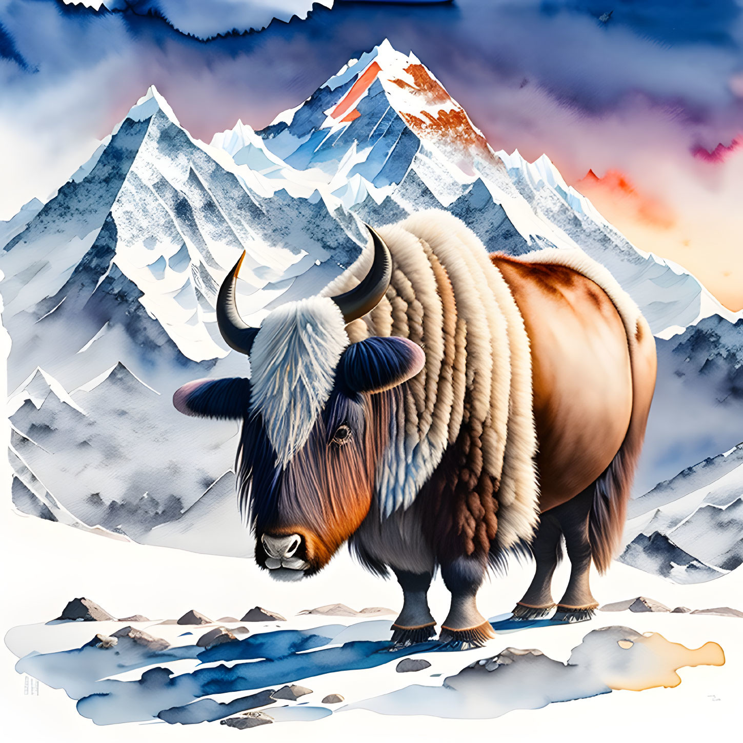 Detailed Illustration: Majestic Yak in Snowy Mountain Landscape