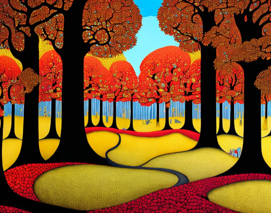 Colorful Autumn Forest with Winding Path and Small Blue Figures