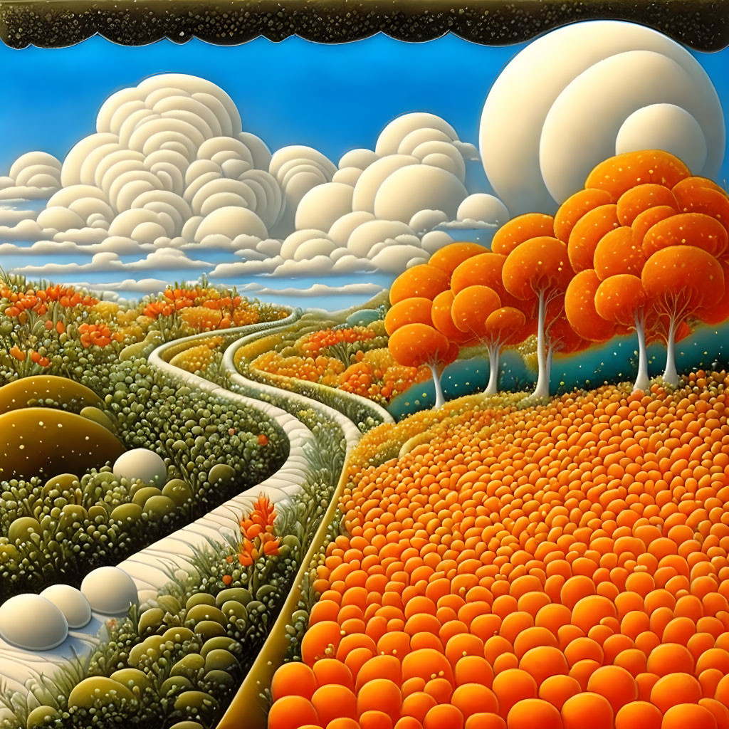 Vibrant Orange Trees and Spherical White Objects in Surreal Landscape