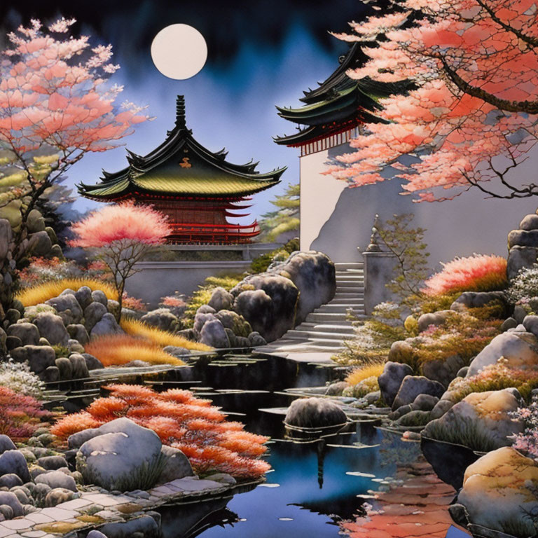 Japanese Temple Night Scene with Cherry Blossoms and Pond