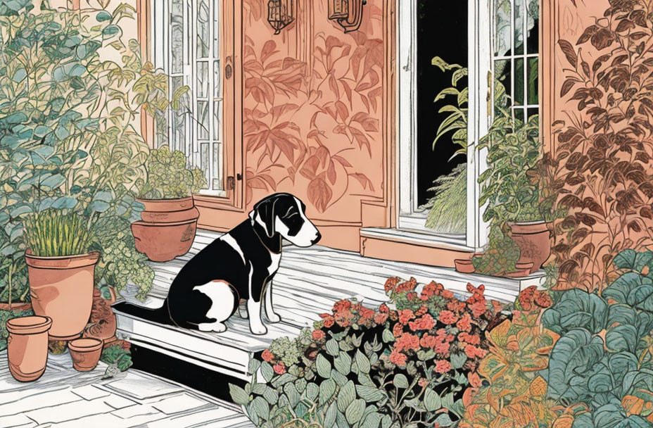 Black and white dog on porch with lush plants and flowers