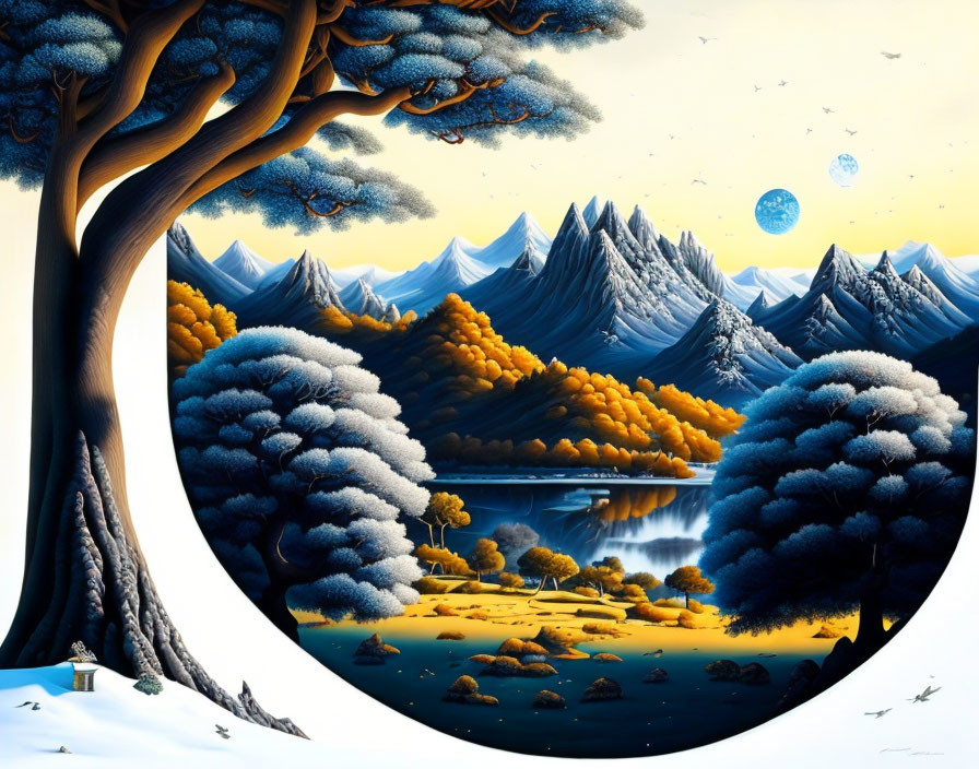 Stylized landscape with blue trees, snowy mountains, two moons, and figure by lake