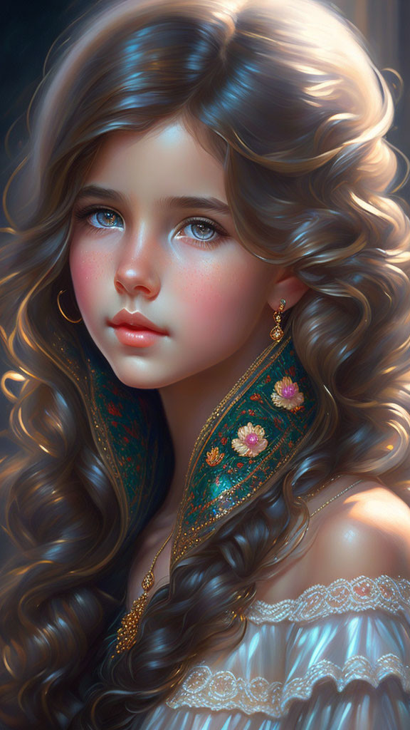 Digital portrait of a girl with expressive eyes, curly hair, embroidered garments.