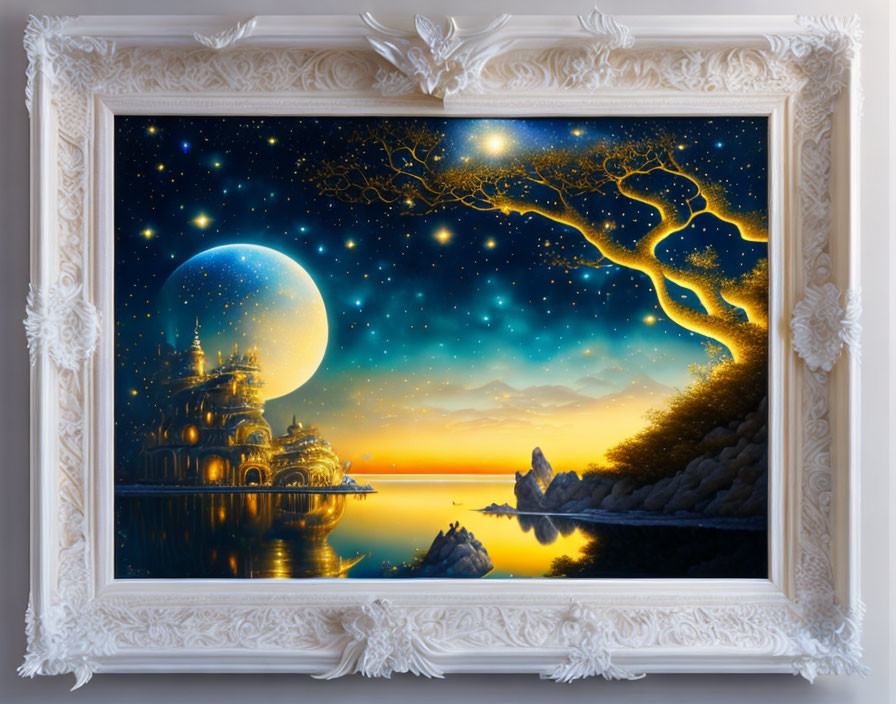 Fantasy artwork: Glowing moon, castle, lake, tree, starry sky