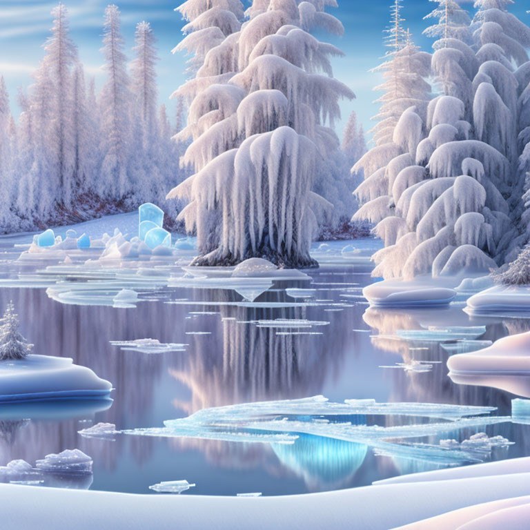 Snow-covered trees and frozen lake in serene winter landscape