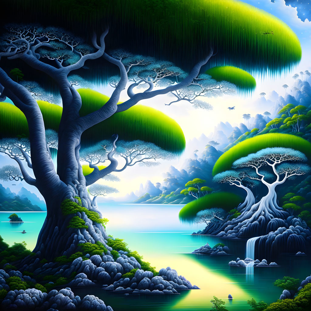 Ethereal landscape with oversized trees, cliffs, and turquoise bay