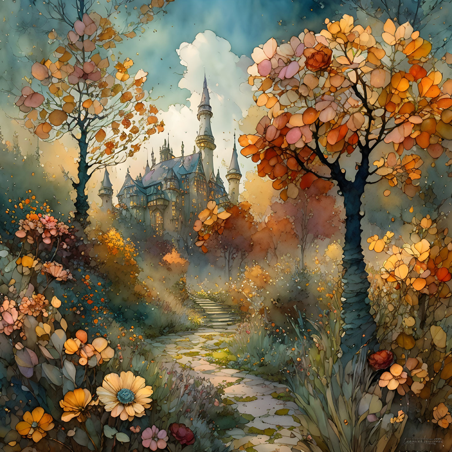 Vibrant autumnal scene with colorful trees, flowers, and misty castle