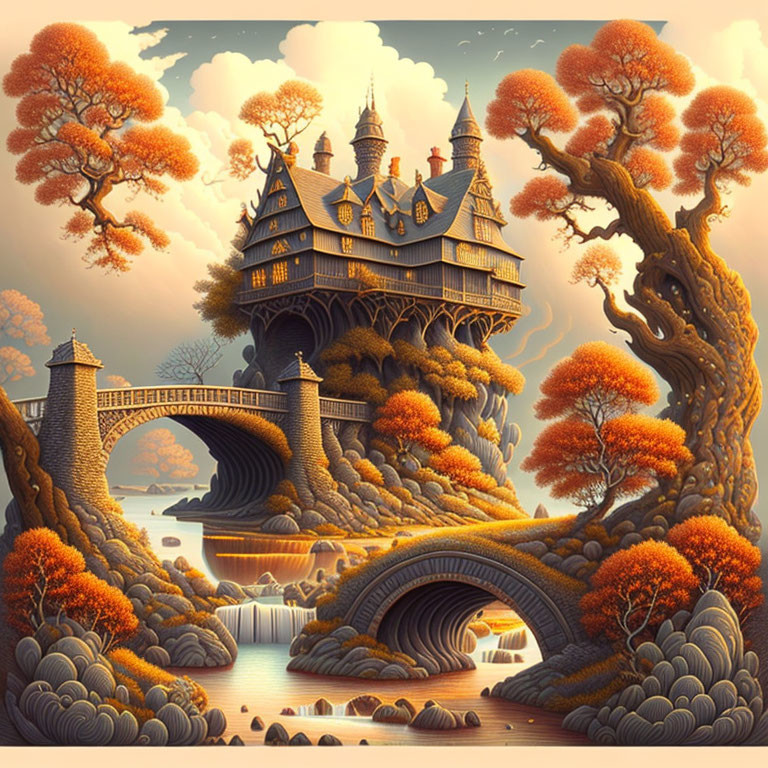 Ornate castle illustration in whimsical autumnal landscape