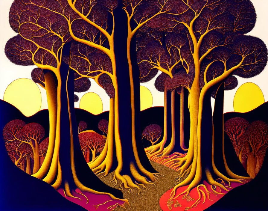 Stylized forest with golden yellow and crimson tones and intricate trees against circular shapes