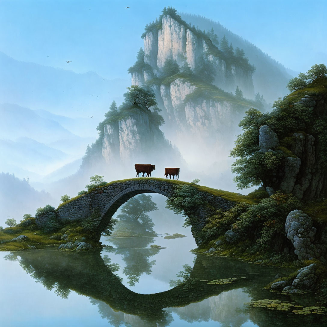 Cows on stone bridge in misty mountain landscape