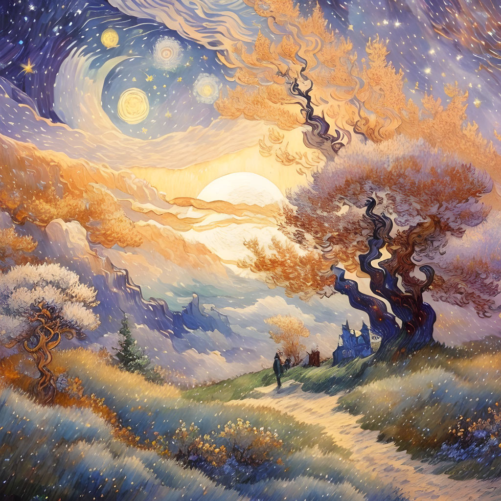 Mystical landscape painting with twisted tree, moons, stars, and castle