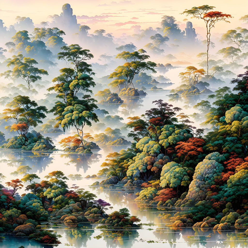 Tranquil landscape painting of misty forests, lush trees, calm waters, and towering cliffs