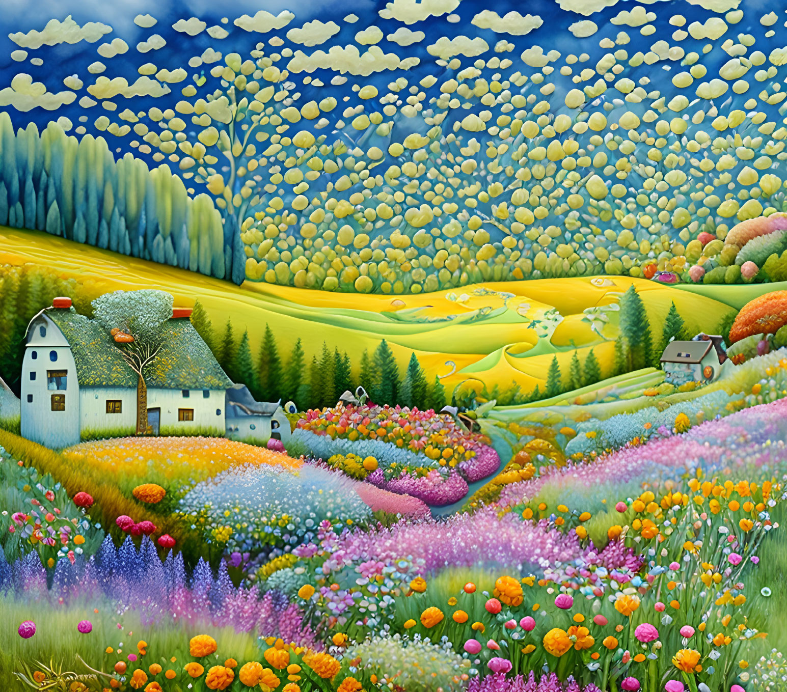 Colorful Cottage Landscape with Floral Fields and Patterned Sky