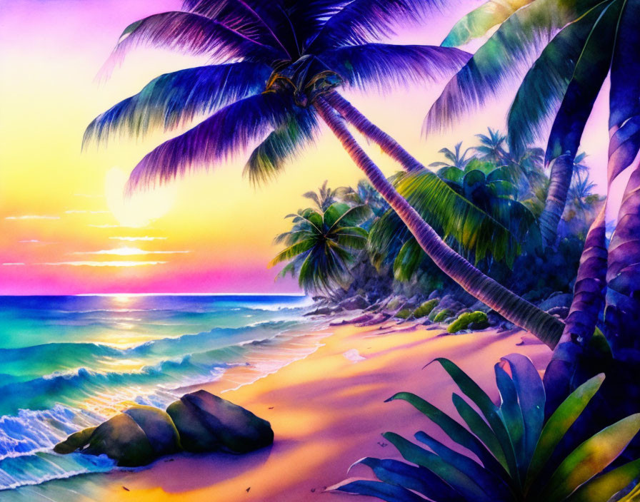 Tropical sunset beach scene with palm trees and colorful sky