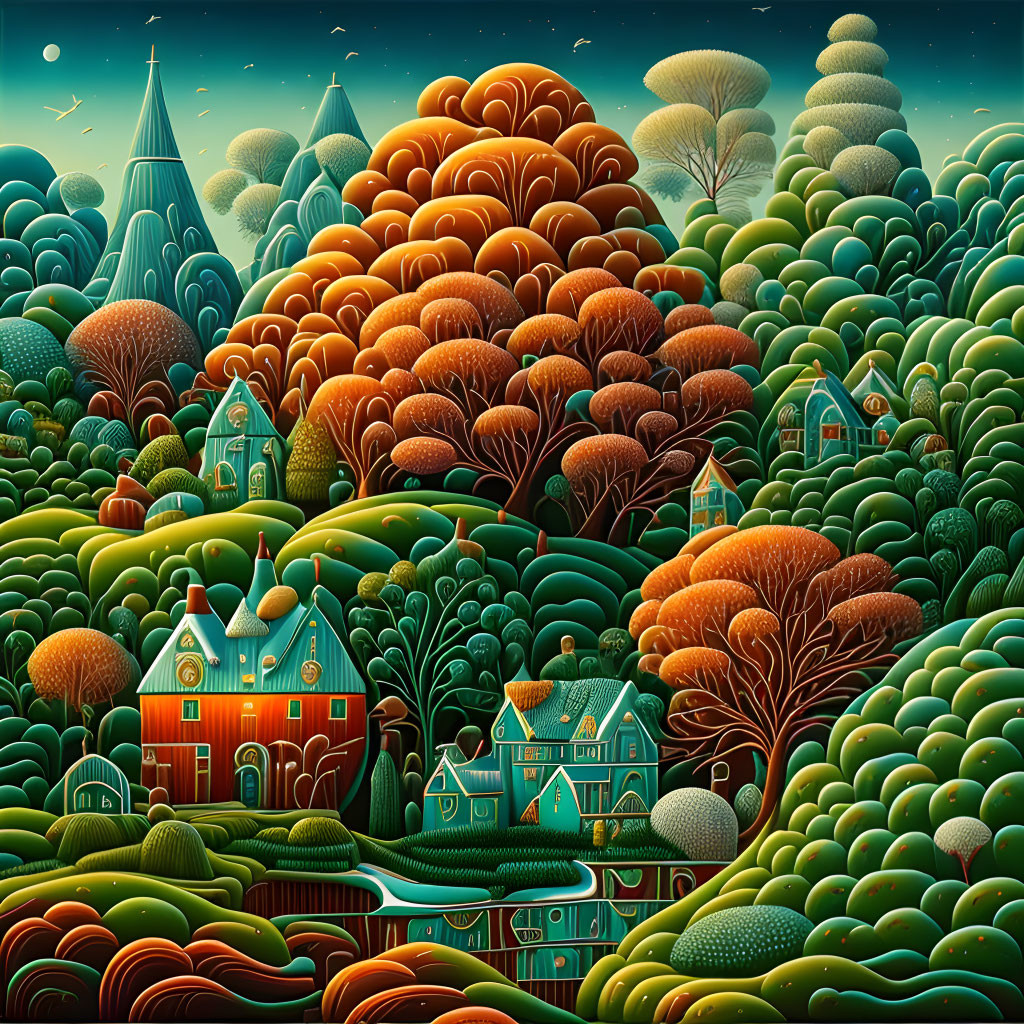 Whimsical autumn landscape with rounded trees and quaint houses