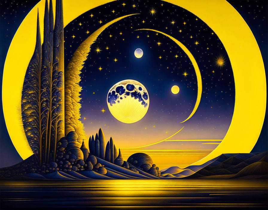 Surreal landscape with large yellow moon and celestial bodies