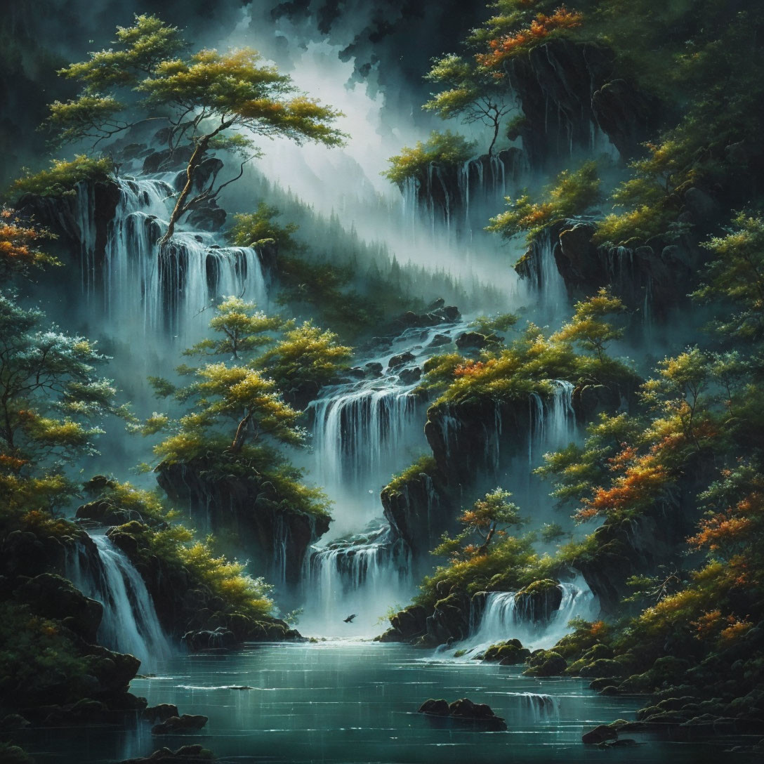 Tranquil painting: misty forest, cascading waterfalls & vibrant greenery