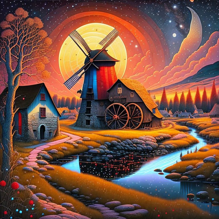 Surreal landscape with windmill, river, stars, moons, sun, and night sky