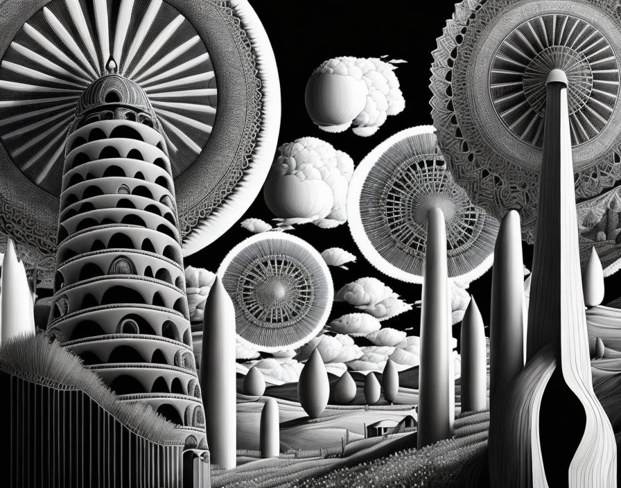 Intricate Black and White Fractal Image with Towers, Spheres, and Spirals