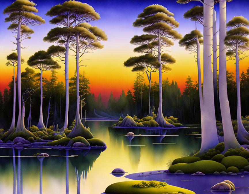 Serene forest at sunset: tall trees, calm lake, colorful sky, lush greenery