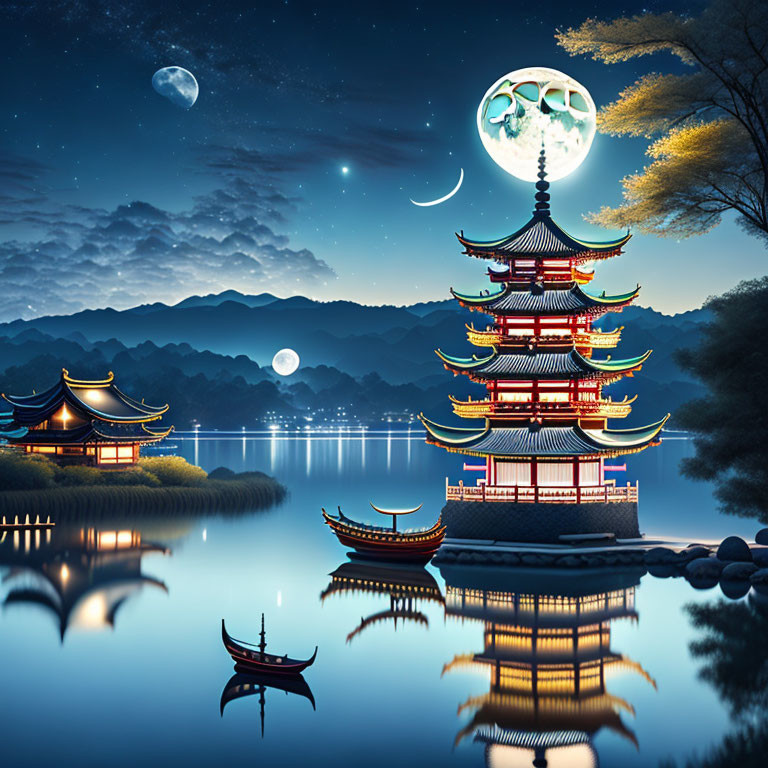 Traditional pagoda by tranquil lake under starry sky