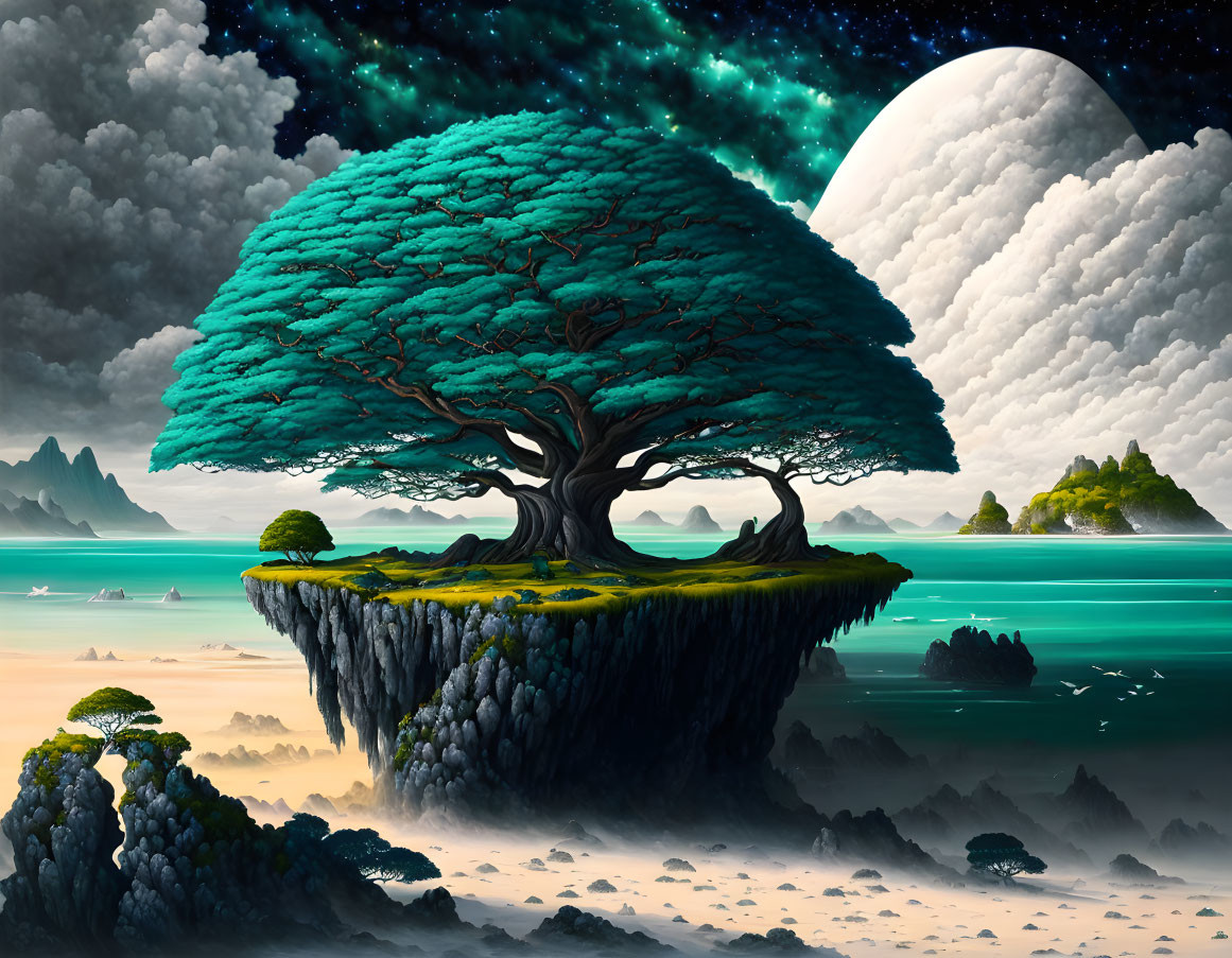 Surreal landscape with massive tree on floating island, starry sky, moon, ocean, mountains