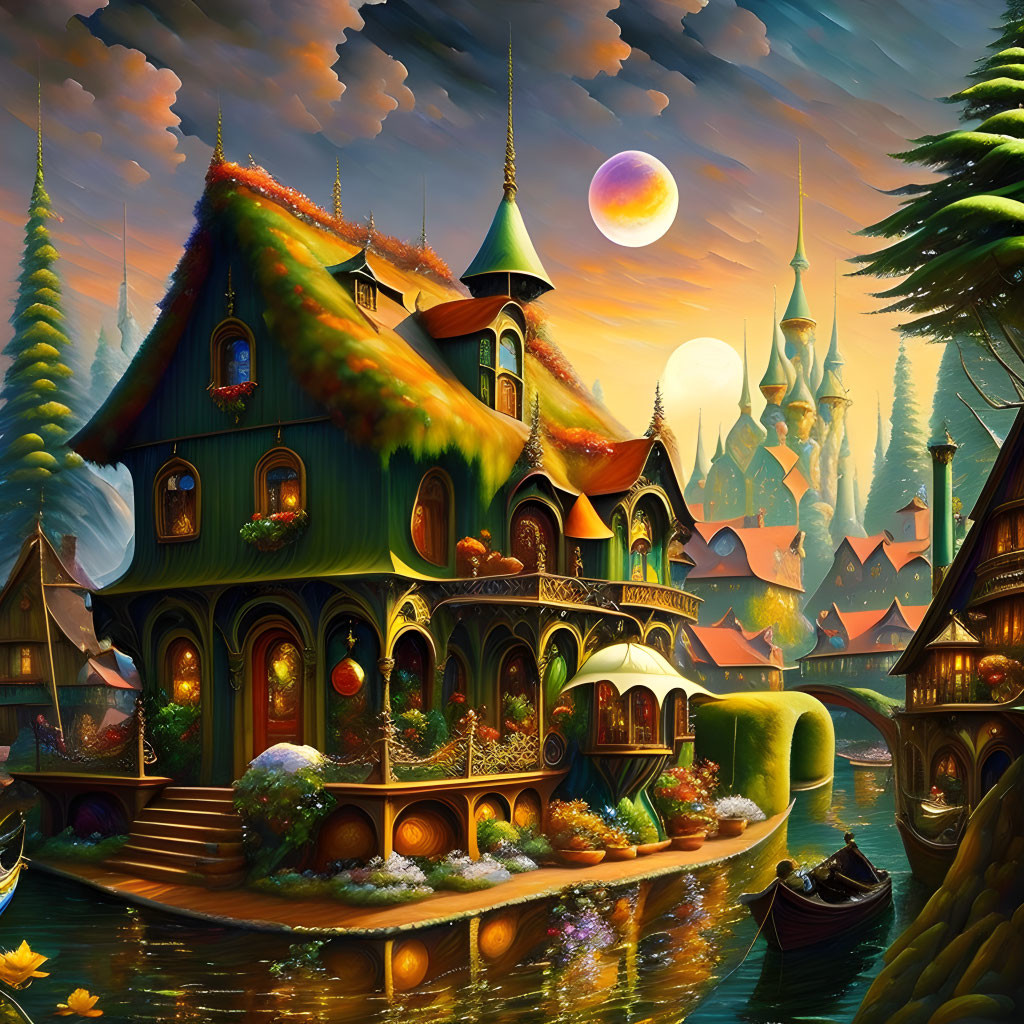 Fantasy landscape with houseboat, lanterns, greenery, and castle