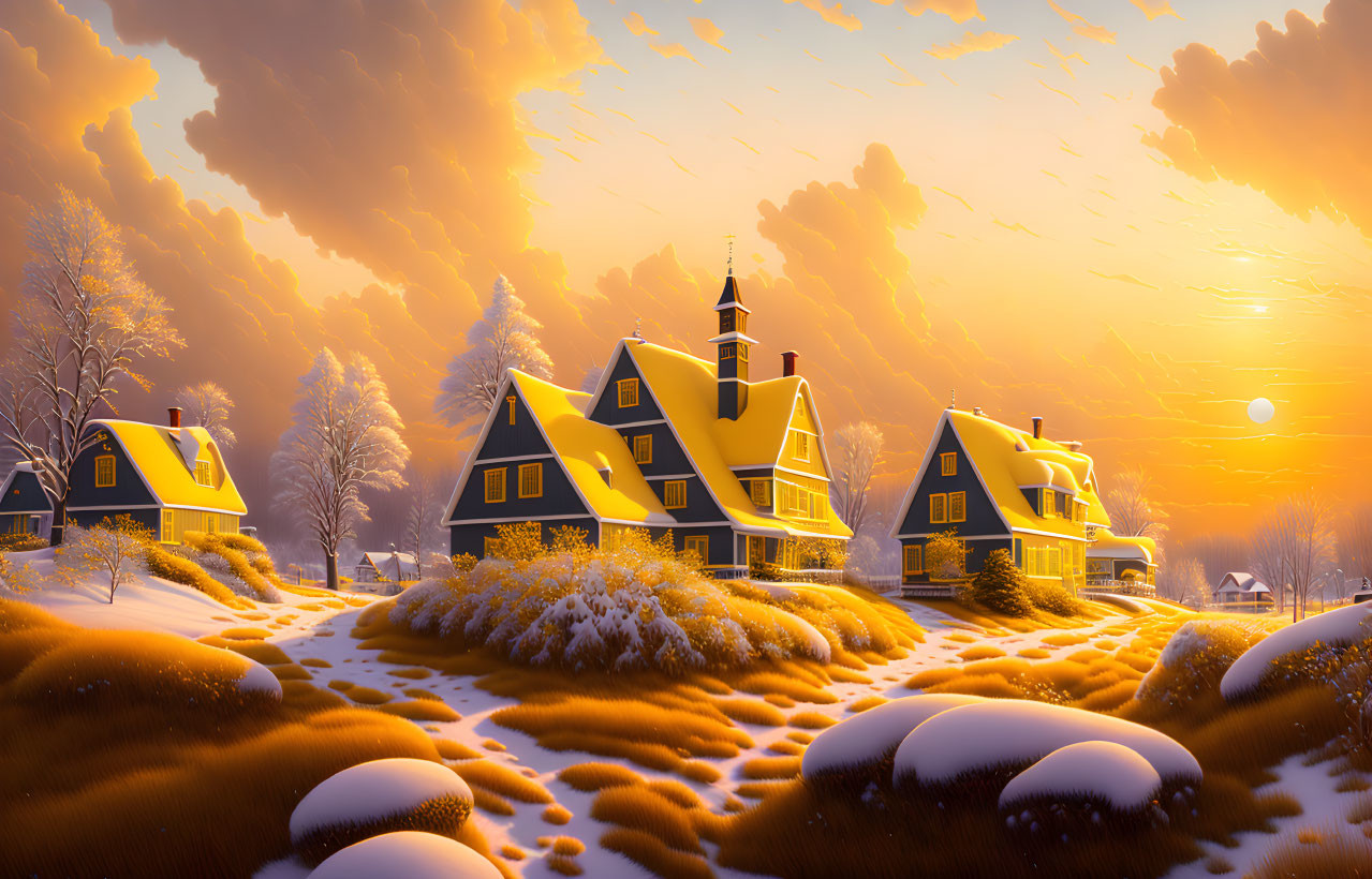 Tranquil winter village with yellow houses, snow, bare trees, sunset sky.