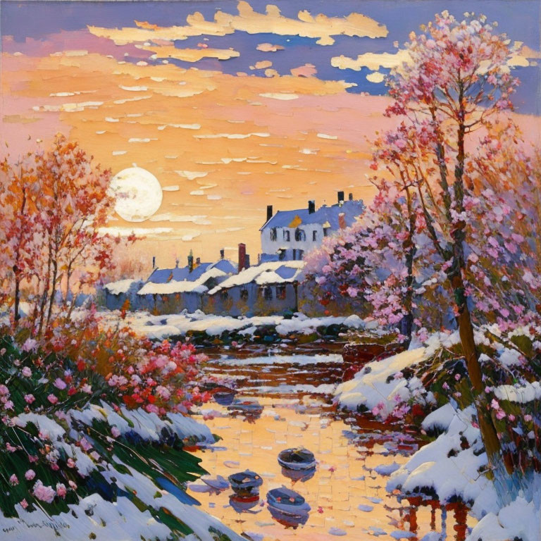 Snowy village painting: vibrant sunset sky, blossoming trees, river reflection.