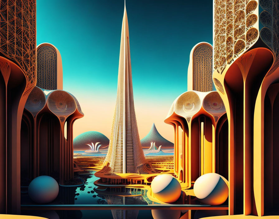 Sleek futuristic cityscape with tall towers and spherical structures at dusk