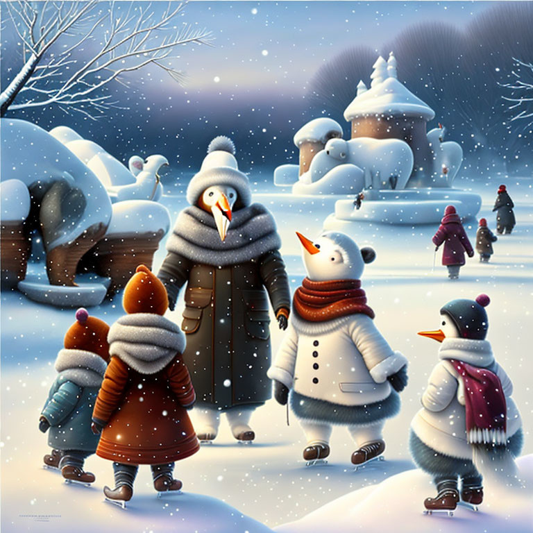 Anthropomorphic Snowmen Families in Winter Landscape