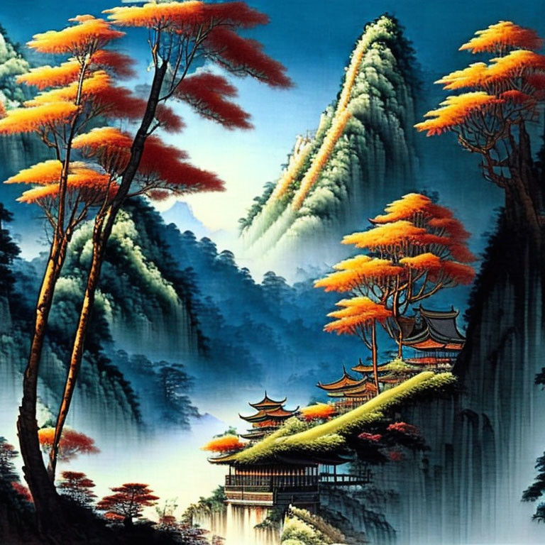 Asian landscape painting with orange foliage, misty mountains, waterfalls & classical architecture