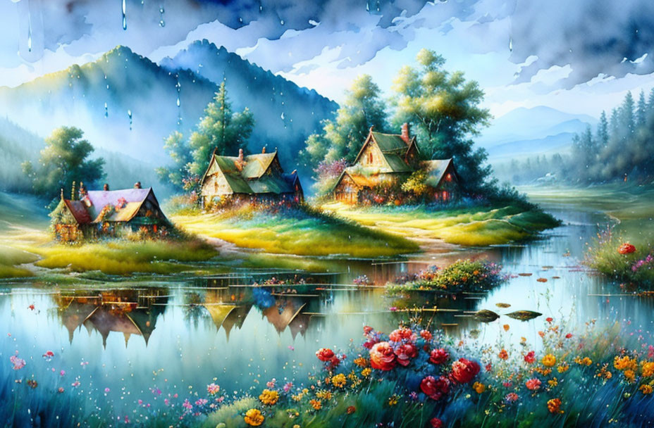 Tranquil painting of thatched-roof cottages by a lake and mountains