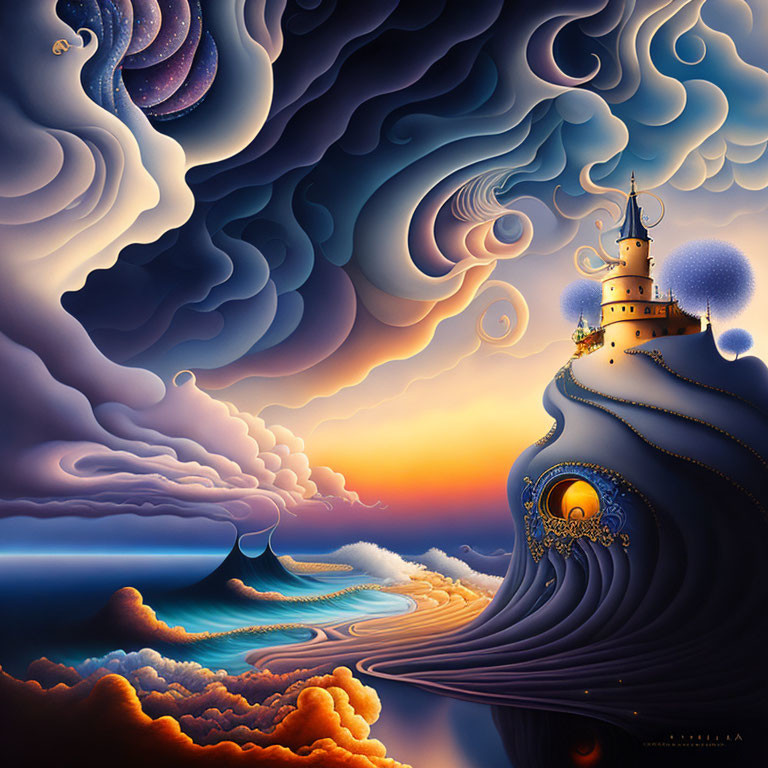 Surreal landscape with castle on wave, golden pathways, vibrant sky.