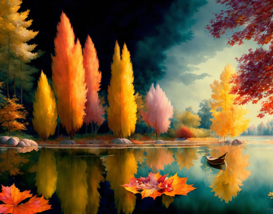 Tranquil lake scene with vibrant autumn foliage and solitary boat