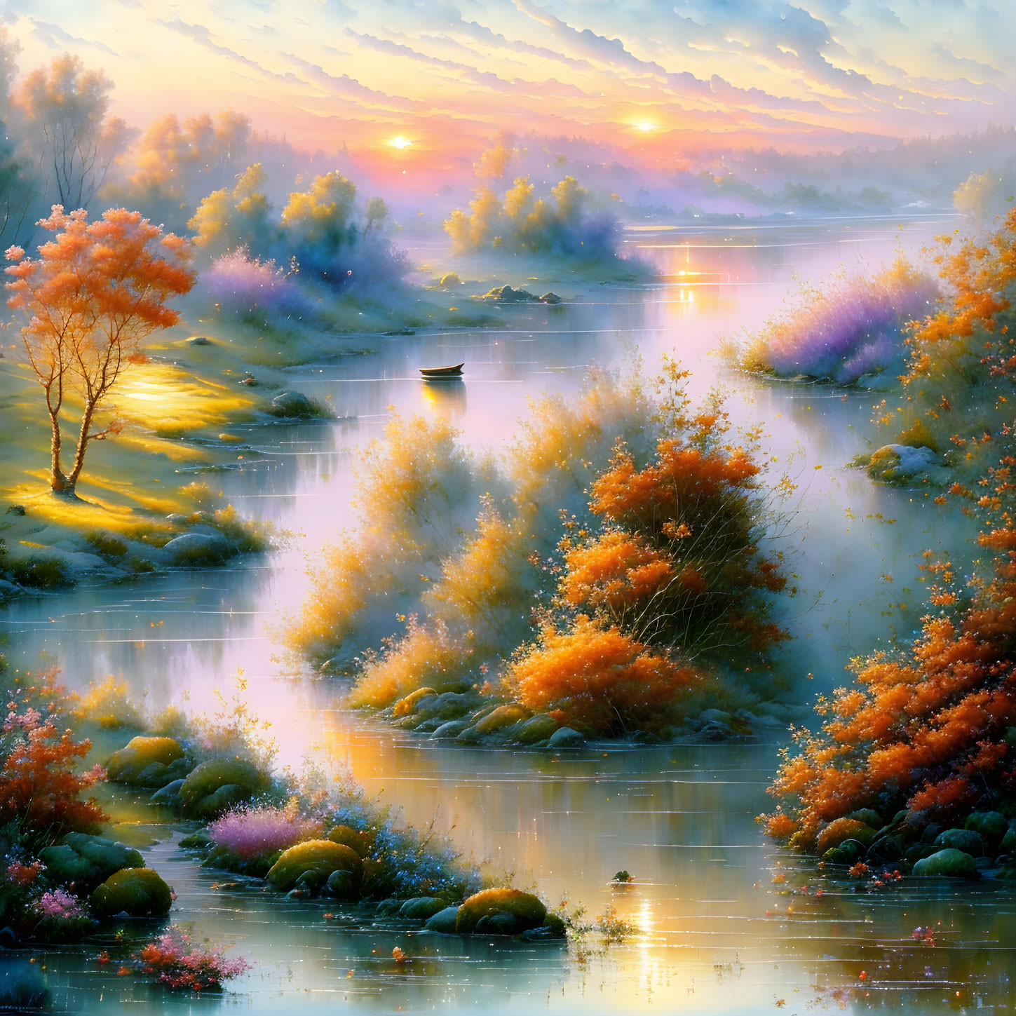 Serene river landscape at sunrise with colorful foliage and small boat