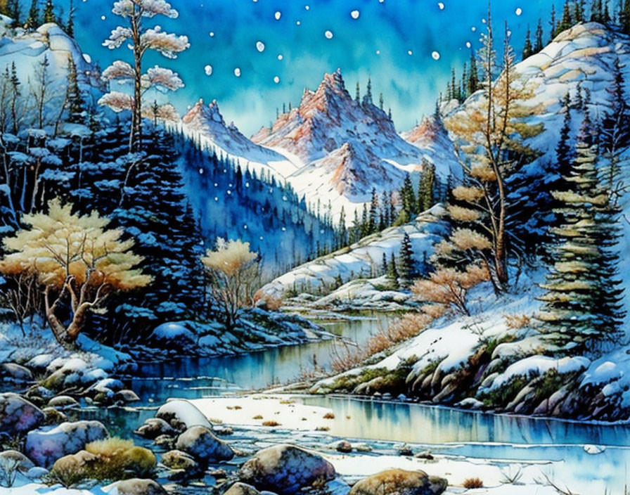 Snowy mountain landscape with frosted trees and stream