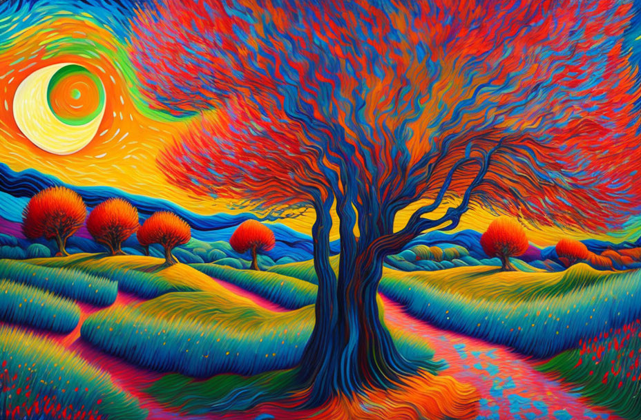 Colorful impressionistic landscape with swirling sky and tree branches