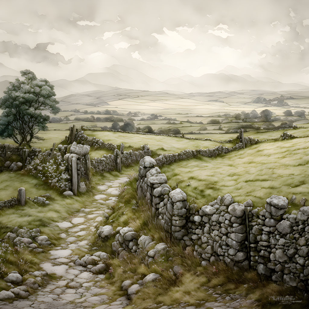 Tranquil landscape: cobblestone path, dry-stone walls, rolling hills, lush trees