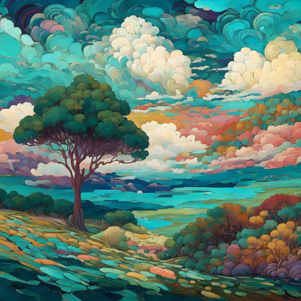 Colorful landscape with solitary tree on hill overlooking vibrant sea under pastel sky