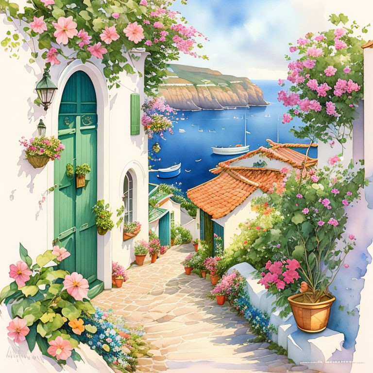 Coastal scene with flowers, stone pathway, boats, clear skies, traditional architecture